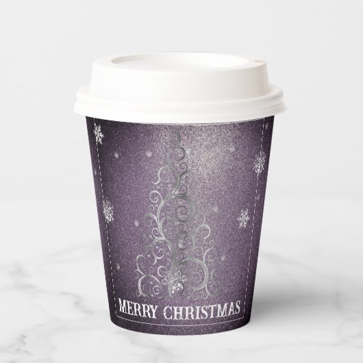 Kerstboom Glitter en Sneeuwvlokken | PAARSE Papieren Bekers (Voorkant)
