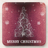 Kerstboom Glitter en Sneeuwvlokken | Rood Bier Onderzetter (Voorkant)