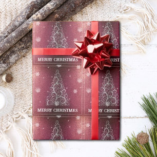 Kerstboom Glitter en Sneeuwvlokken Rood Cadeaupapier