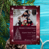 Kerstboom Glitter en Sneeuwvlokken | Rood Feestdagenkaart