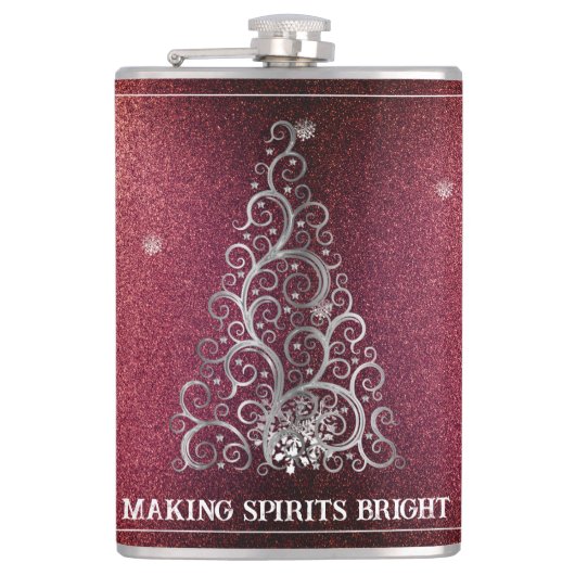 Kerstboom Glitter en Sneeuwvlokken | Rood Heupfles (Voorkant)