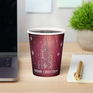 Kerstboom Glitter en Sneeuwvlokken   Rood Papieren Bekers