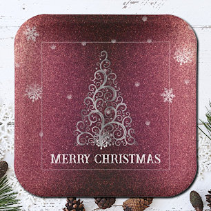 Kerstboom Glitter en Sneeuwvlokken Rood Papieren Bordje