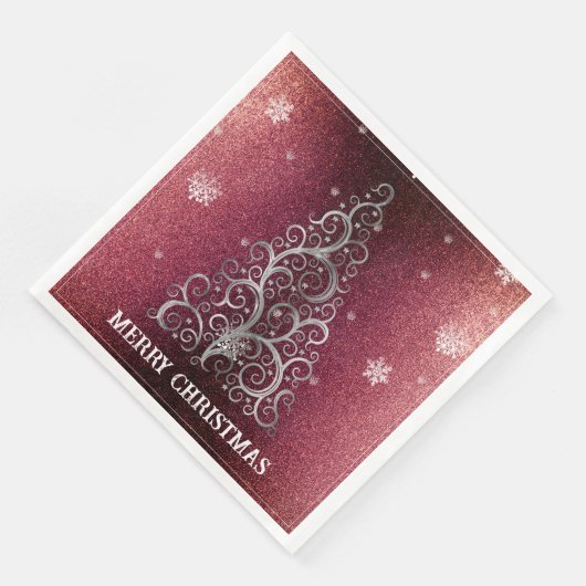 Kerstboom Glitter en Sneeuwvlokken | Rood Servet (Hoek)