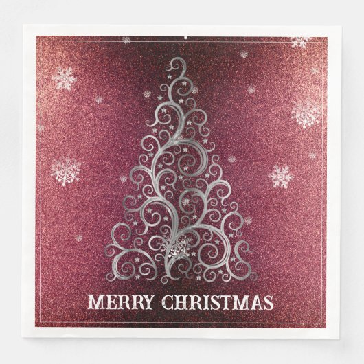 Kerstboom Glitter en Sneeuwvlokken | Rood Servet (Voorkant)