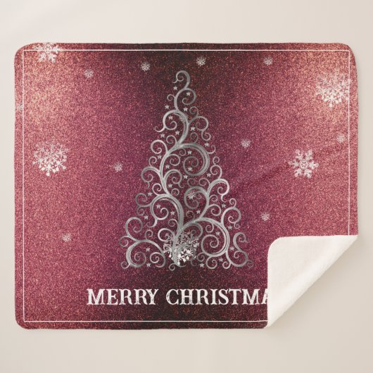 Kerstboom Glitter en Sneeuwvlokken | Rood Sherpa Deken (Voorkant (horizontaal))
