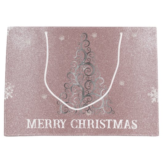 Kerstboom Glitter en Sneeuwvlokken | roze Groot Cadeauzakje (Voorkant)