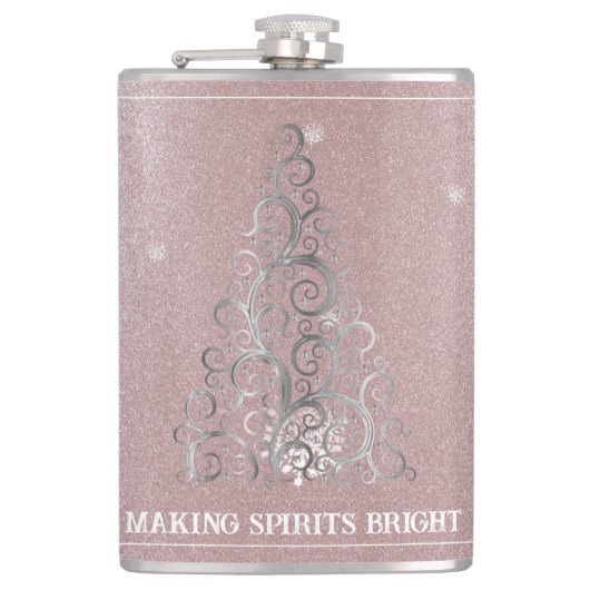 Kerstboom Glitter en Sneeuwvlokken | roze Heupfles (Voorkant)