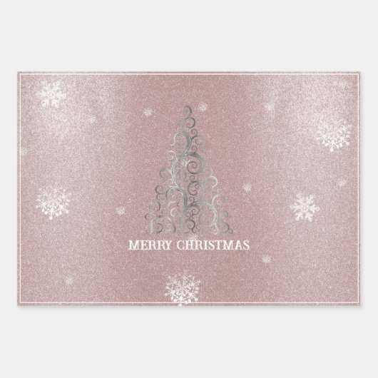 Kerstboom Glitter en Sneeuwvlokken | roze Inpakpapier Vel (Voorkant)