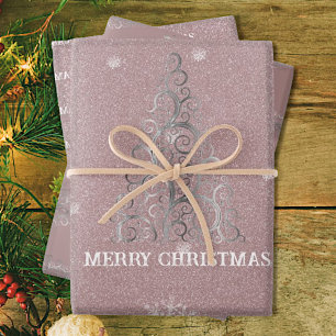 Kerstboom Glitter en Sneeuwvlokken   roze Inpakpapier Vel