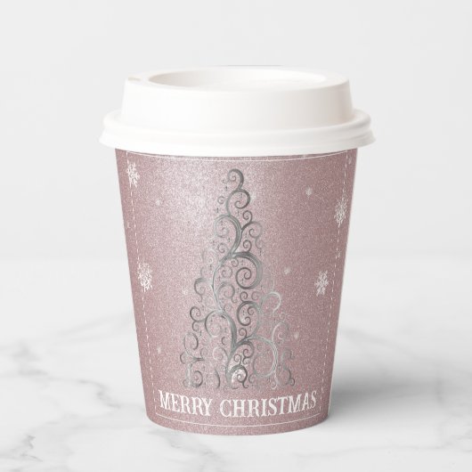 Kerstboom Glitter en Sneeuwvlokken | roze Papieren Bekers (Achterkant)