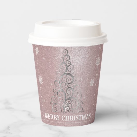 Kerstboom Glitter en Sneeuwvlokken | roze Papieren Bekers (Voorkant)