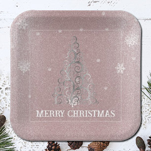 Kerstboom Glitter en Sneeuwvlokken roze Papieren Bordje