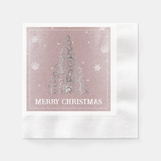 Kerstboom Glitter en Sneeuwvlokken | roze Servet (Voorkant)