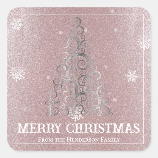Kerstboom Glitter en Sneeuwvlokken | roze Vierkante Sticker (Voorkant)