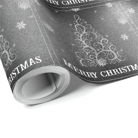 Kerstboom Glitter en Sneeuwvlokken | Zilver Cadeaupapier (Rol Hoek)