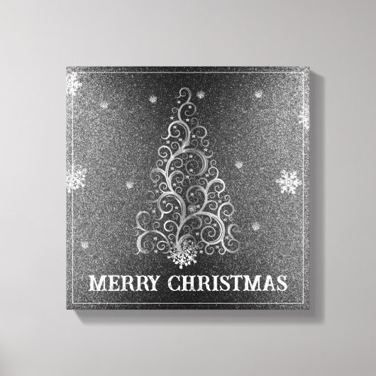 Kerstboom Glitter en Sneeuwvlokken | Zilver Canvas Afdruk (Voorkant)