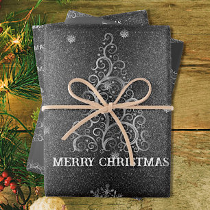 Kerstboom Glitter en Sneeuwvlokken   Zilver Inpakpapier Vel