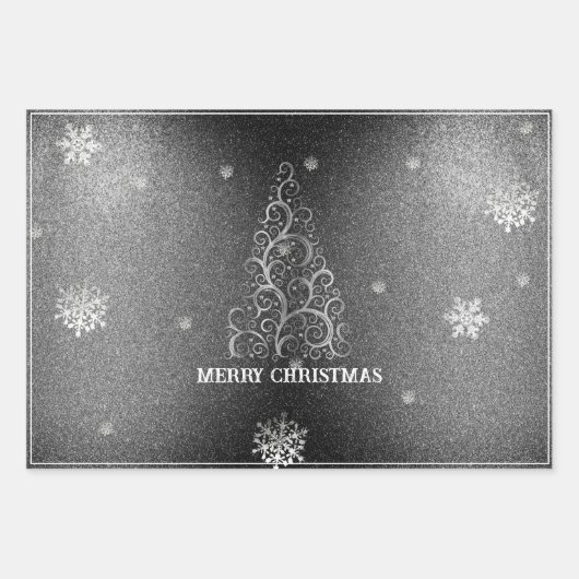 Kerstboom Glitter en Sneeuwvlokken | Zilver Inpakpapier Vel (Voorkant)