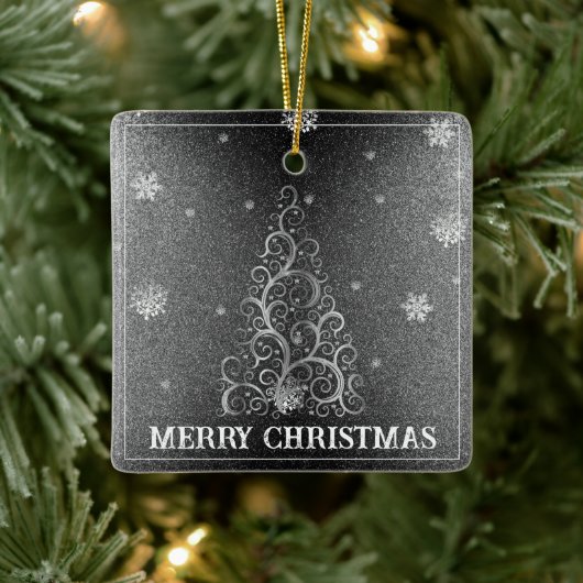 Kerstboom Glitter en Sneeuwvlokken | Zilver Keramisch Ornament (Boom)
