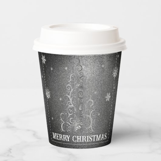Kerstboom Glitter en Sneeuwvlokken | Zilver Papieren Bekers (Voorkant)
