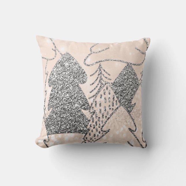 Kerstboom Glitter Silver Grey Winter Peach Kussen (Voorkant)