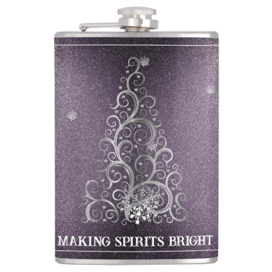 Kerstboom glitters en sneeuwvlokken | Paars Heupfles (Voorkant)