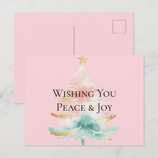 Kerstboom Gold Blush Pink Mint Peace Joy Briefkaart (Voorkant / Achterkant)