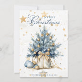 Kerstboom Goud Blauw Kalligrafie Waterverf Feestdagenkaart (Voorkant)