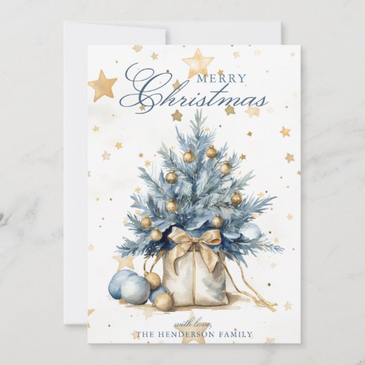 Kerstboom Goud Blauw Kalligrafie Waterverf Feestdagenkaart (Voorkant)