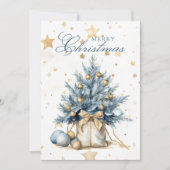 Kerstboom Goud Blauw Kalligrafie Waterverf Feestdagenkaart (Voorkant)
