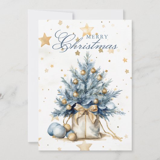 Kerstboom Goud Blauw Kalligrafie Waterverf Feestdagenkaart (Voorkant)