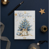 Kerstboom Goud Blauw Kalligrafie Waterverf Feestdagenkaart