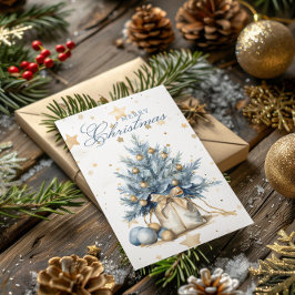 Kerstboom Goud Blauw Kalligrafie Waterverf Feestdagenkaart