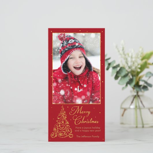  kerstboom goud feestdagenkaart (Staand voorkant)