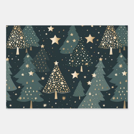 Kerstboom Goud Groen Patroon Decor Inpakpapier Vel (Voorkant)