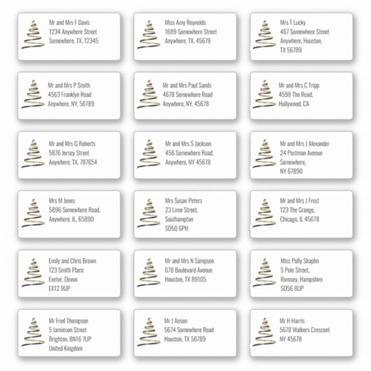 Kerstboom Goud Zwart 18 Ontvanger Adressen Sticker (Voorkant)