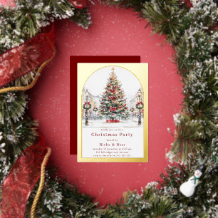 Kerstboom Gouden Boog Bedrijfs Kerstfeest Folie Uitnodiging