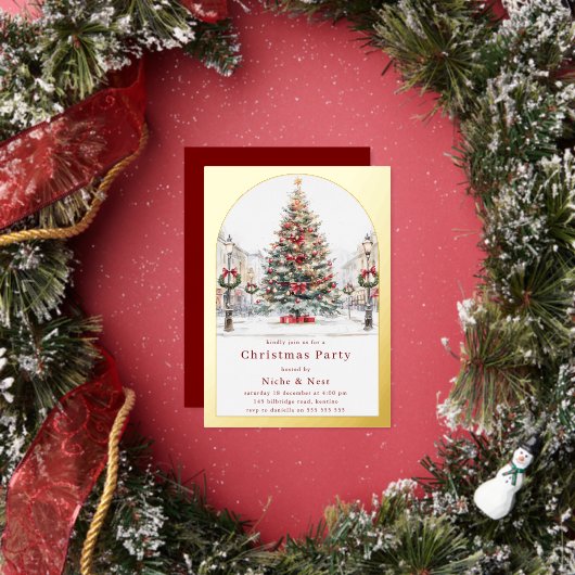 Kerstboom Gouden Boog Bedrijfs Kerstfeest Folie Uitnodiging (Insitu)