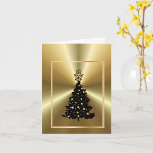 Kerstboom Gouden Hamsa Chrismukkah Kaart (Gele Bloem)