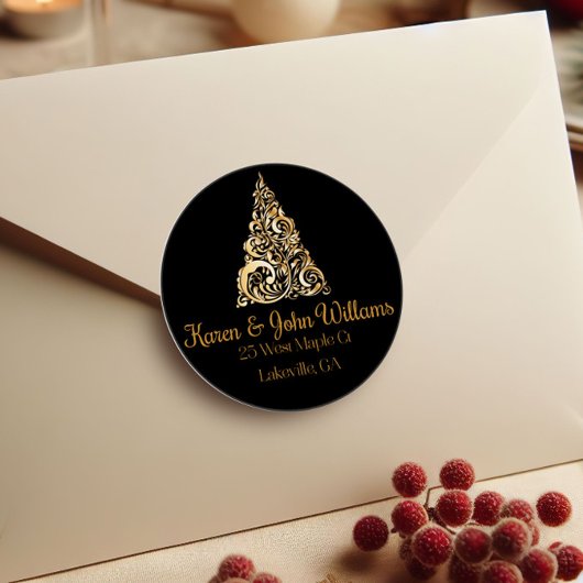 Kerstboom Gouden Retouradres Ronde Sticker