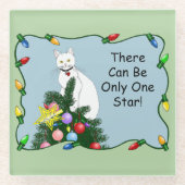 Kerstboom Grappige Witte Kat Glazen Onderzetter (Voorkant)