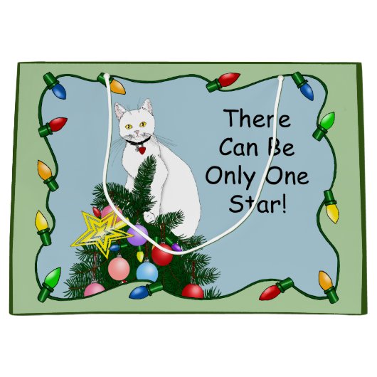 Kerstboom grappige witte kat groot cadeauzakje (Voorkant)