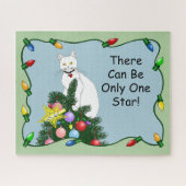 Kerstboom grappige witte kat legpuzzel (Horizontaal)