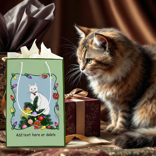 Kerstboom grappige witte kat medium cadeauzakje