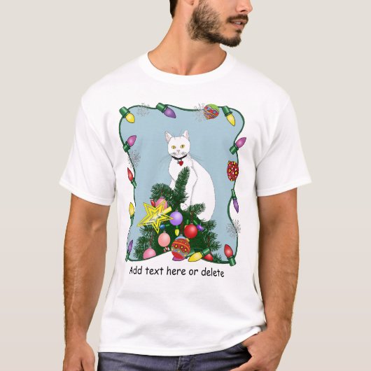 Kerstboom grappige witte kat t-shirt (Voorkant)