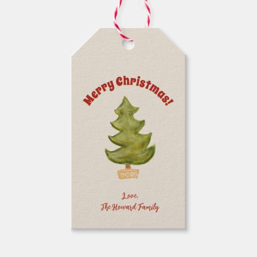 Kerstboom grillige rood groen goud nostalgie cadeaulabel (Voorkant)