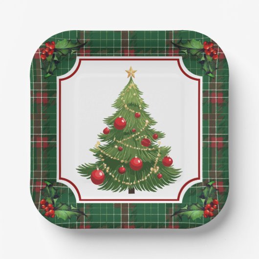 Kerstboom groen geplakt met Holly Papieren Bordje (Voorkant)