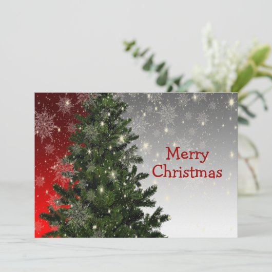 Kerstboom Groen Rood Wit Sneeuwvlokken Feestdagenkaart (Staand voorkant)
