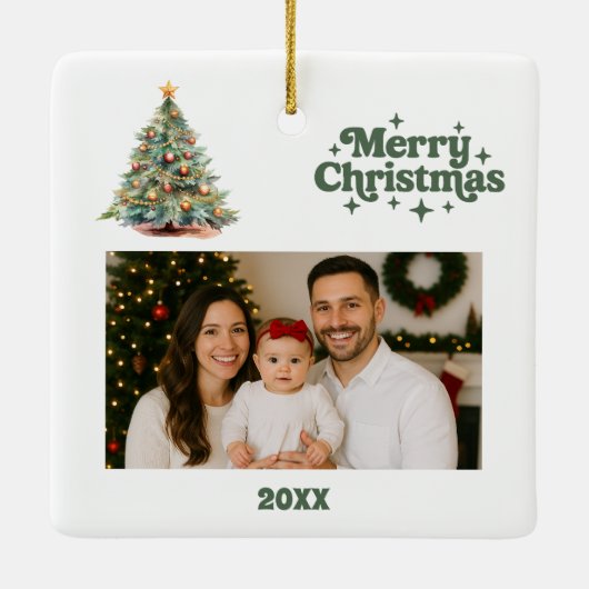 Kerstboom groen wit foto keramisch ornament (Achterkant)